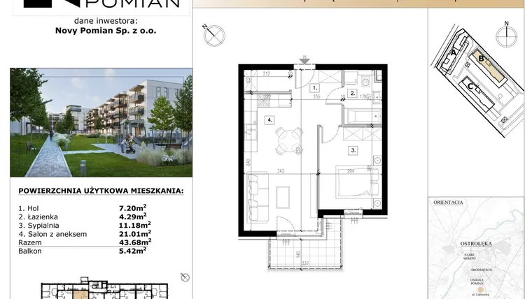 Rzut - Mieszkanie na sprzedaż 2 pokoje o powierzchni 43,68 m² - numer B/25 w OSIEDLE NOVY POMIAN bud. B