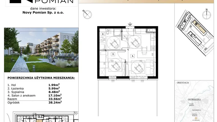 Rzut - Mieszkanie na sprzedaż 2 pokoje o powierzchni 33,24 m² - numer B/8 w OSIEDLE NOVY POMIAN bud. B