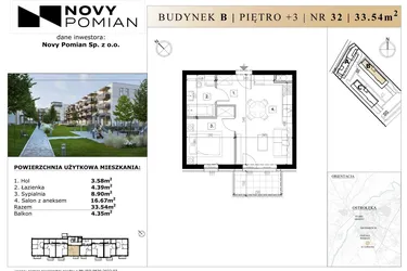 Rzut - Mieszkanie na sprzedaż 2 pokoje o powierzchni 33,54 m² - numer B/32 w OSIEDLE NOVY POMIAN bud. B