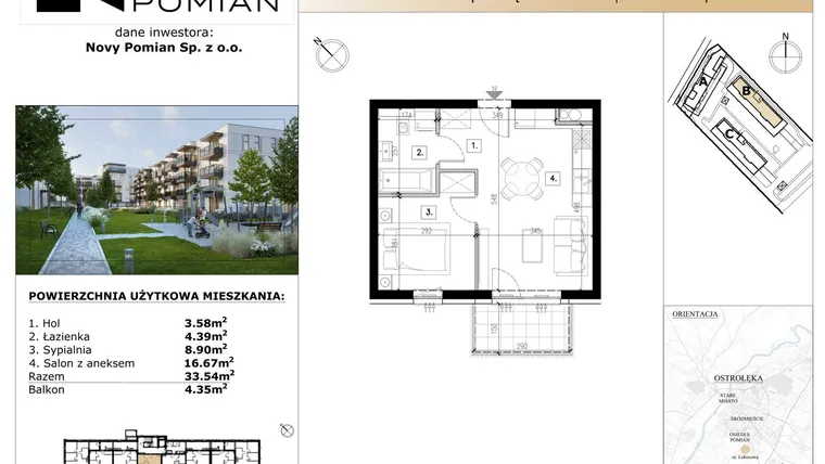 Rzut - Mieszkanie na sprzedaż 2 pokoje o powierzchni 33,54 m² - numer B/32 w OSIEDLE NOVY POMIAN bud. B