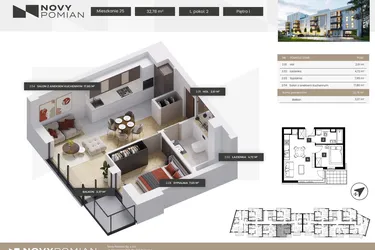 Rzut - Mieszkanie na sprzedaż 2 pokoje o powierzchni 32,78 m² - numer A/25 w OSIEDLE NOVY POMIAN bud. A