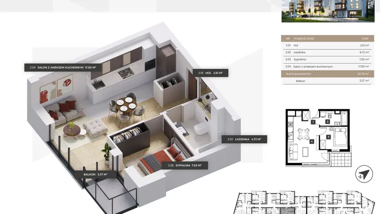 Rzut - Mieszkanie na sprzedaż 2 pokoje o powierzchni 32,78 m² - numer A/25 w OSIEDLE NOVY POMIAN bud A