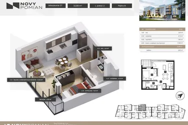 Rzut - Mieszkanie na sprzedaż 2 pokoje o powierzchni 32,88 m² - numer A/37 w OSIEDLE NOVY POMIAN bud A
