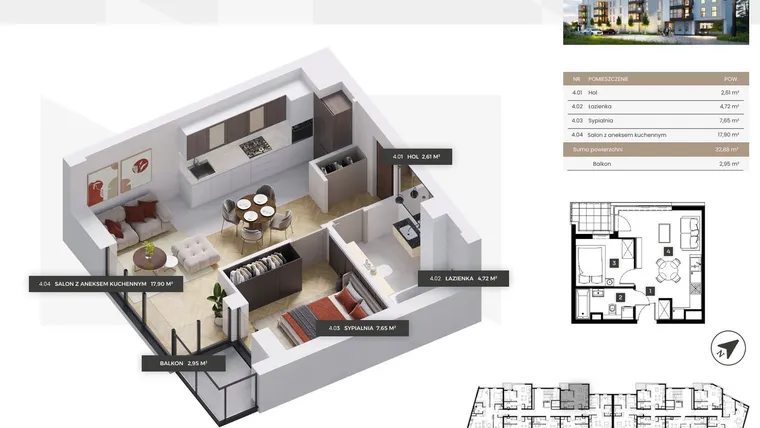 Rzut - Mieszkanie na sprzedaż 2 pokoje o powierzchni 32,88 m² - numer A/37 w OSIEDLE NOVY POMIAN bud A