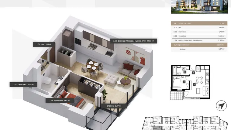 Rzut - Mieszkanie na sprzedaż 2 pokoje o powierzchni 32,88 m² - numer A/27 w OSIEDLE NOVY POMIAN bud A