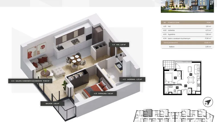 Rzut - Mieszkanie na sprzedaż 2 pokoje o powierzchni 32,88 m² - numer A/43 w OSIEDLE NOVY POMIAN bud A