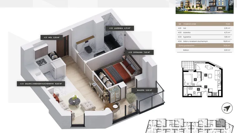 Rzut - Mieszkanie na sprzedaż 2 pokoje o powierzchni 31,55 m² - numer A/13 w OSIEDLE NOVY POMIAN bud A