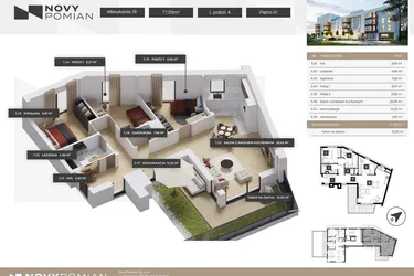 Rzut - Mieszkanie na sprzedaż 4 pokoje o powierzchni 77,55 m² - numer A/19 w OSIEDLE NOVY POMIAN bud. A