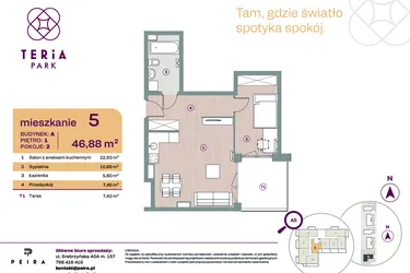 Rzut - Mieszkanie na sprzedaż 2 pokoje o powierzchni 46,88 m² - numer A05 w Teria Park