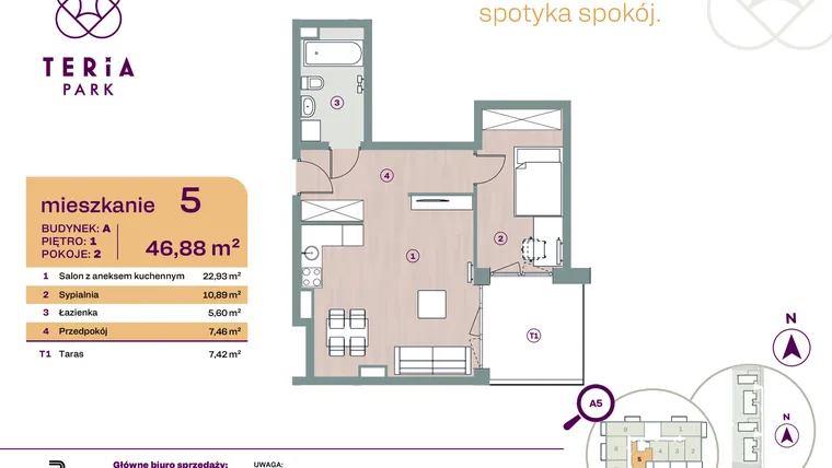 Rzut - Mieszkanie na sprzedaż 2 pokoje o powierzchni 46,88 m² - numer A05 w Teria Park