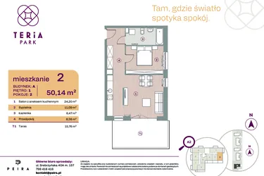 Rzut - Mieszkanie na sprzedaż 2 pokoje o powierzchni 50,14 m² - numer A02 w Teria Park