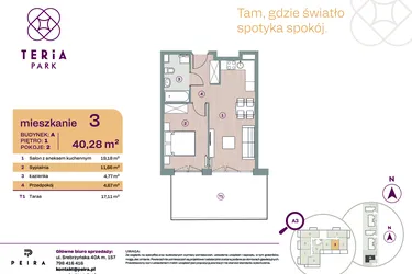 Rzut - Mieszkanie na sprzedaż 2 pokoje o powierzchni 40,28 m² - numer A03 w Teria Park