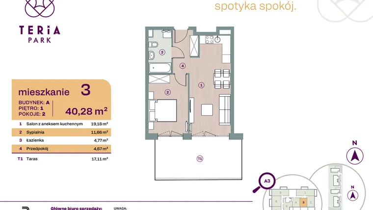 Rzut - Mieszkanie na sprzedaż 2 pokoje o powierzchni 40,28 m² - numer A03 w Teria Park