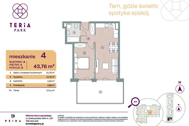 Rzut - Mieszkanie na sprzedaż 2 pokoje o powierzchni 43,76 m² - numer A04 w Teria Park