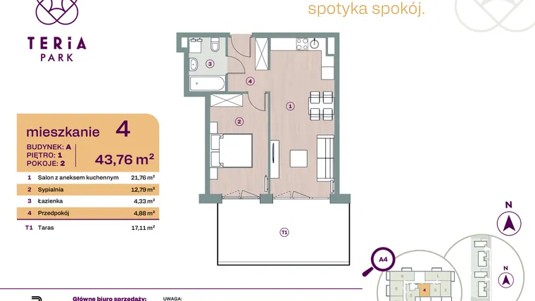 Rzut - Mieszkanie na sprzedaż 2 pokoje o powierzchni 43,76 m² - numer A04 w Teria Park