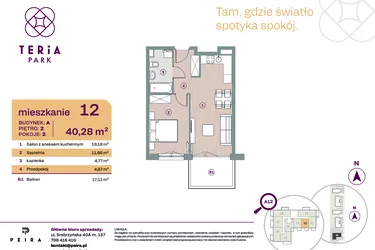 Rzut - Mieszkanie na sprzedaż 2 pokoje o powierzchni 40,28 m² - numer A12 w Teria Park