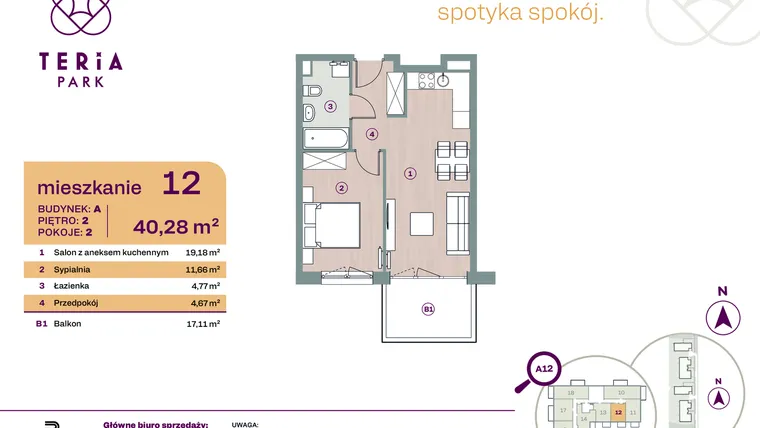 Rzut - Mieszkanie na sprzedaż 2 pokoje o powierzchni 40,28 m² - numer A12 w Teria Park