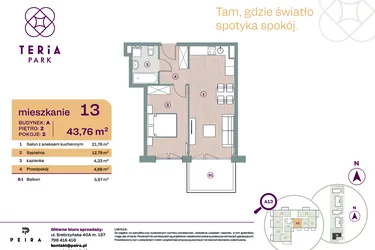 Rzut - Mieszkanie na sprzedaż 2 pokoje o powierzchni 43,76 m² - numer A13 w Teria Park