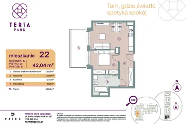 Rzut - Mieszkanie na sprzedaż 2 pokoje o powierzchni 42,04 m² - numer A22 w Teria Park
