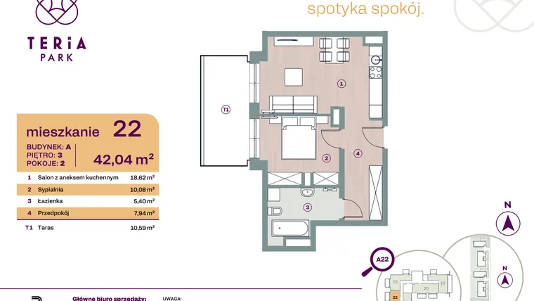 Rzut - Mieszkanie na sprzedaż 2 pokoje o powierzchni 42,04 m² - numer A22 w Teria Park