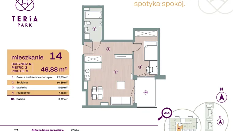 Rzut - Mieszkanie na sprzedaż 2 pokoje o powierzchni 46,88 m² - numer A14 w Teria Park
