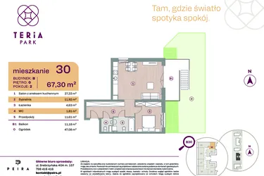 Rzut - Mieszkanie na sprzedaż 2 pokoje o powierzchni 57,3 m² - numer B30 w Teria Park