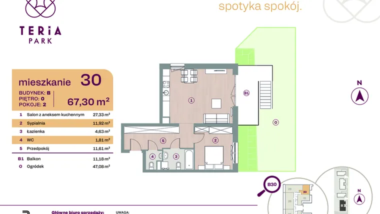 Rzut - Mieszkanie na sprzedaż 2 pokoje o powierzchni 57,3 m² - numer B30 w Teria Park