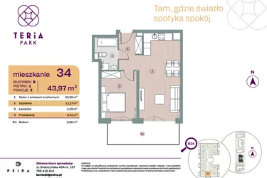 Rzut - Mieszkanie na sprzedaż 2 pokoje o powierzchni 43,97 m² - numer B34 w Teria Park