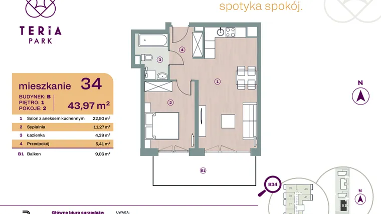 Rzut - Mieszkanie na sprzedaż 2 pokoje o powierzchni 43,97 m² - numer B34 w Teria Park