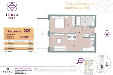 Rzut - Mieszkanie na sprzedaż 2 pokoje o powierzchni 40,96 m² - numer B38 w Teria Park