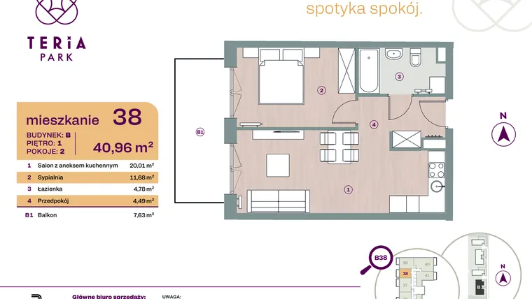 Rzut - Mieszkanie na sprzedaż 2 pokoje o powierzchni 40,96 m² - numer B38 w Teria Park