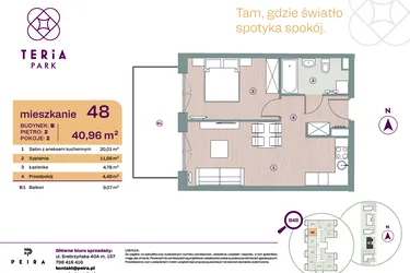 Rzut - Mieszkanie na sprzedaż 2 pokoje o powierzchni 40,96 m² - numer B48 w Teria Park