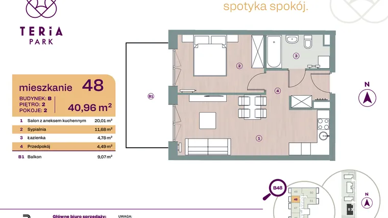 Rzut - Mieszkanie na sprzedaż 2 pokoje o powierzchni 40,96 m² - numer B48 w Teria Park