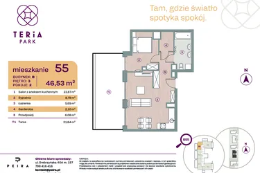 Rzut - Mieszkanie na sprzedaż 2 pokoje o powierzchni 46,53 m² - numer B55 w Teria Park