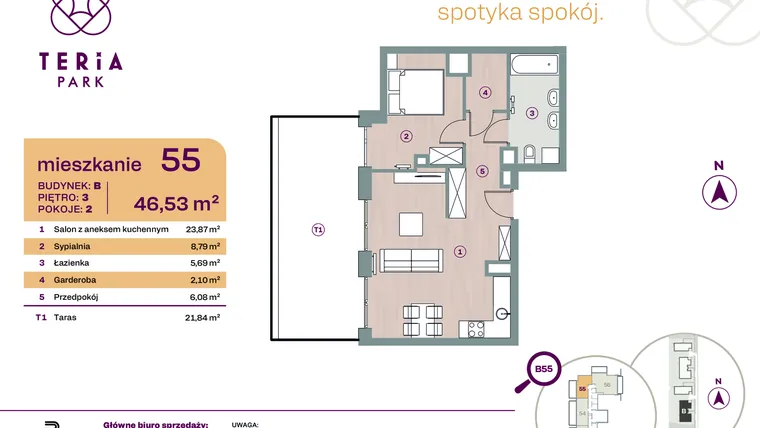 Rzut - Mieszkanie na sprzedaż 2 pokoje o powierzchni 46,53 m² - numer B55 w Teria Park