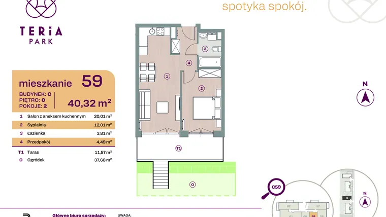 Rzut - Mieszkanie na sprzedaż 2 pokoje o powierzchni 40,32 m² - numer C59 w Teria Park