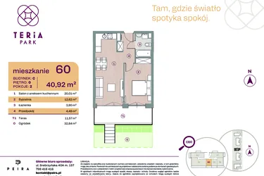 Rzut - Mieszkanie na sprzedaż 2 pokoje o powierzchni 40,92 m² - numer C60 w Teria Park