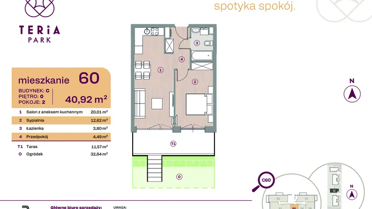Rzut - Mieszkanie na sprzedaż 2 pokoje o powierzchni 40,92 m² - numer C60 w Teria Park