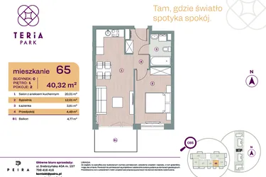 Rzut - Mieszkanie na sprzedaż 2 pokoje o powierzchni 40,32 m² - numer C65 w Teria Park