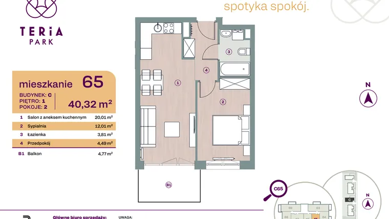 Rzut - Mieszkanie na sprzedaż 2 pokoje o powierzchni 40,32 m² - numer C65 w Teria Park
