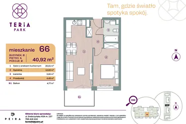 Rzut - Mieszkanie na sprzedaż 2 pokoje o powierzchni 40,92 m² - numer C66 w Teria Park