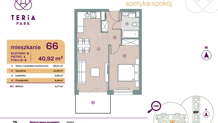 Rzut - Mieszkanie na sprzedaż 2 pokoje o powierzchni 40,92 m² - numer C66 w Teria Park
