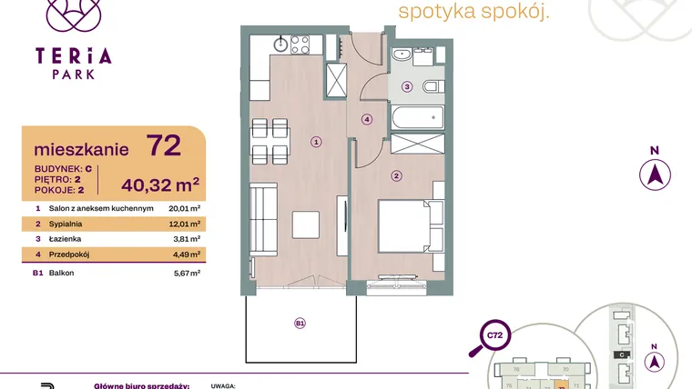 Rzut - Mieszkanie na sprzedaż 2 pokoje o powierzchni 40,32 m² - numer C72 w Teria Park