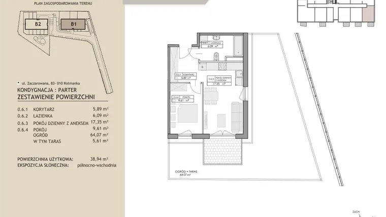 Rzut - Mieszkanie na sprzedaż 2 pokoje o powierzchni 38,94 m² - numer B1.6 w Zaczarowana Rotmanka