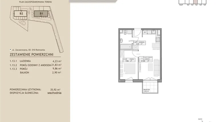 Rzut - Mieszkanie na sprzedaż 2 pokoje o powierzchni 35,92 m² - numer B1.13 w Zaczarowana Rotmanka