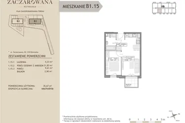 Rzut - Mieszkanie na sprzedaż 2 pokoje o powierzchni 35,67 m² - numer B1.15 w Zaczarowana Rotmanka