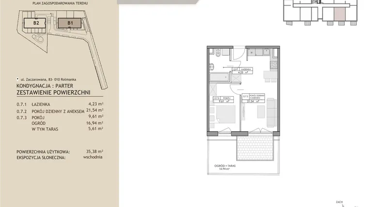Rzut - Mieszkanie na sprzedaż 2 pokoje o powierzchni 35,38 m² - numer B1.7 w Zaczarowana Rotmanka