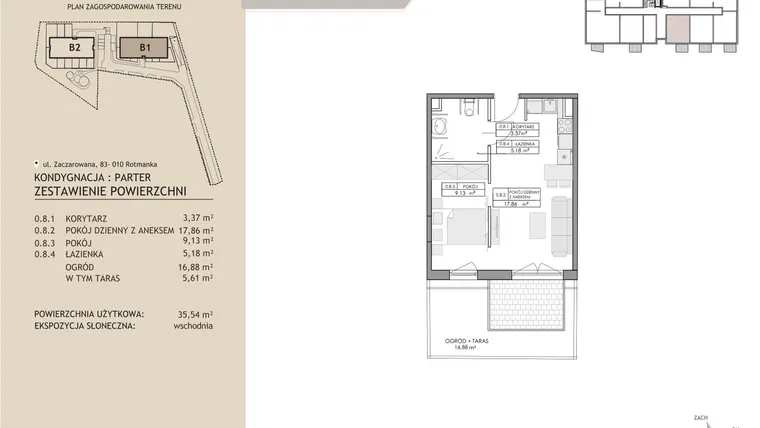 Rzut - Mieszkanie na sprzedaż 2 pokoje o powierzchni 35,54 m² - numer B1.8 w Zaczarowana Rotmanka