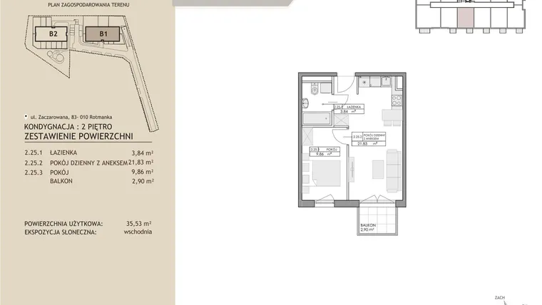 Rzut - Mieszkanie na sprzedaż 2 pokoje o powierzchni 35,53 m² - numer B1.25 w Zaczarowana Rotmanka