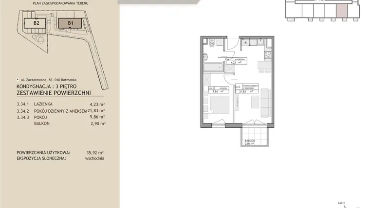 Rzut - Mieszkanie na sprzedaż 2 pokoje o powierzchni 35,92 m² - numer B1.34 w Zaczarowana Rotmanka